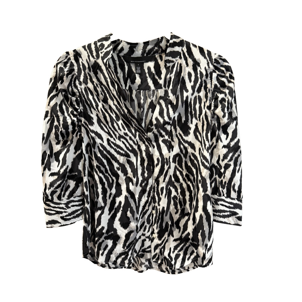 White House Black Market Size 4 Grey/Blk Puff Sleeve Animal Print Blouse